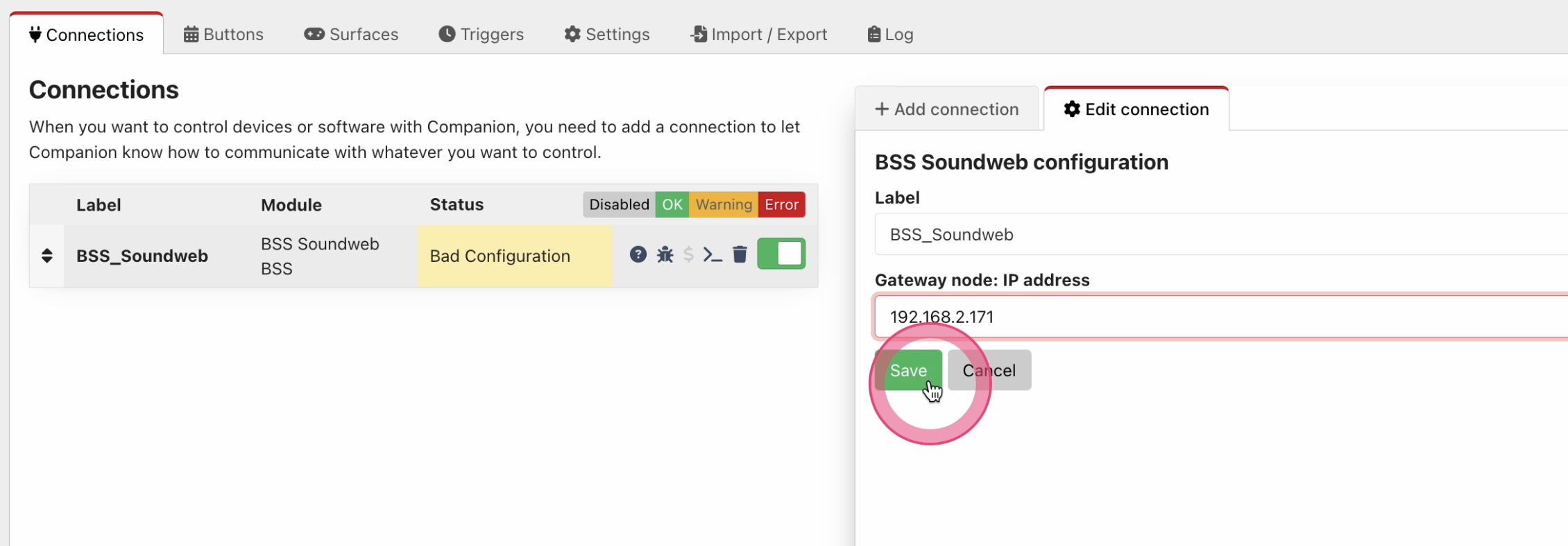 Edit Soundweb connection
