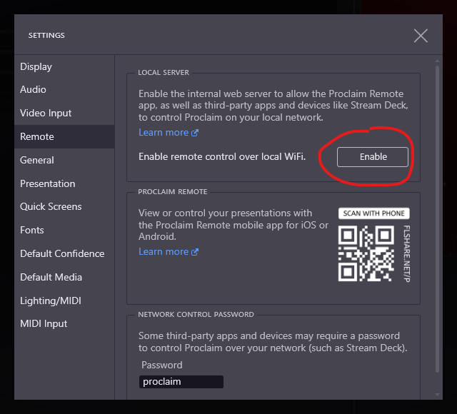 The Proclaim Settings > Remote dialog, with the Enable button highlighted