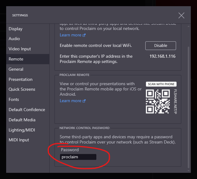 The Proclaim Settings > Remote dialog, showing the network control password setting